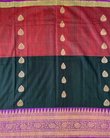 Dupion Pure Silk Saree | Black | Maroon & Purple, Antique Zari, Handwoven in Banaras | Ships from California